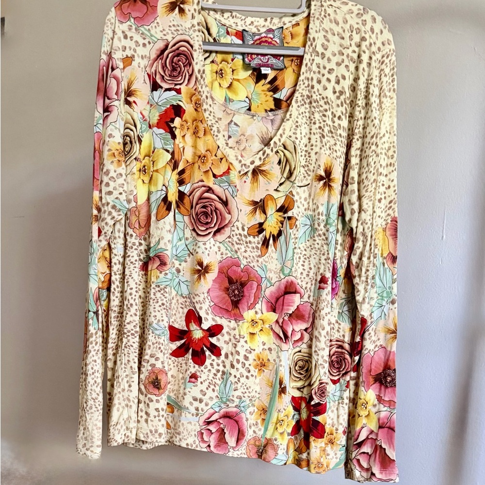 Johnny Was Cream Floral V-Neck Blouse with Pink, Yellow & Turquoise Accents - Picture 2 of 5